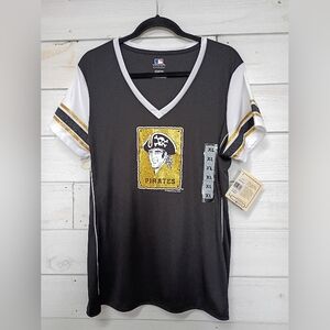 MLB Black, White & Gold Pirates Sequin Logo V-Neck Tee